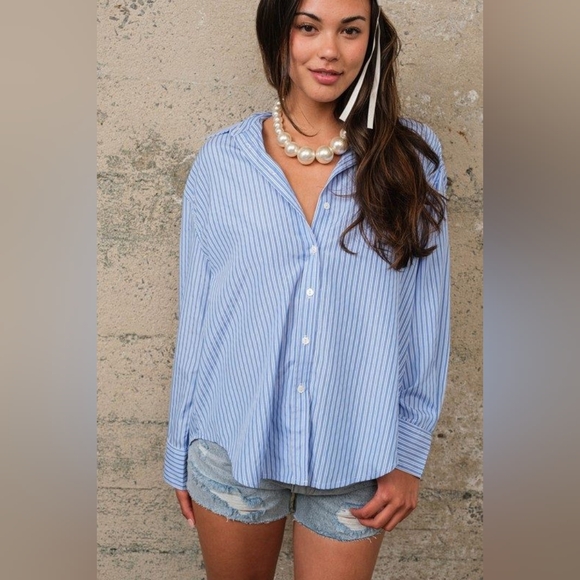 NWT TOMORROW BACK BUTTON DOWN TOP, BLUE STRIPE, VARIOUS SIZES - Picture 7 of 7